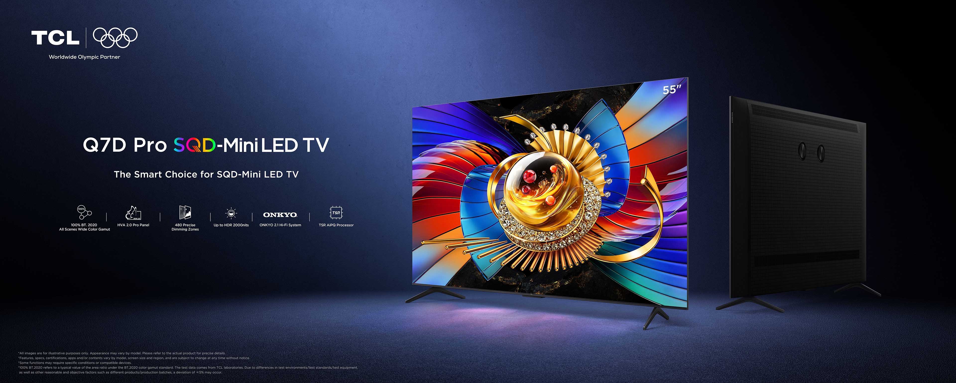 TCL Q7D Pro SQD-Mini LED TV on a stand with a colorful abstract display against a dark blue background, branding and specs line below.