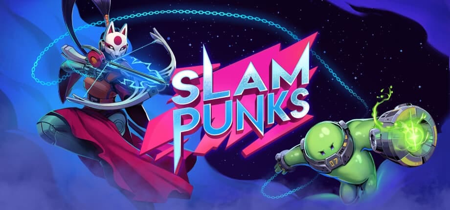 Slam Punks game banner: a fox-ninja archer on the left and a green sci‑fi fighter firing energy, with a bright pink Slam Punks logo between them in a starry space backdrop.