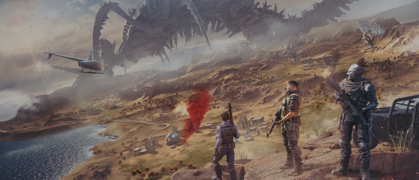 Three soldiers watch a war-torn valley as a giant dragon skeleton looms in the distance, with helicopters and smoke in the sky.