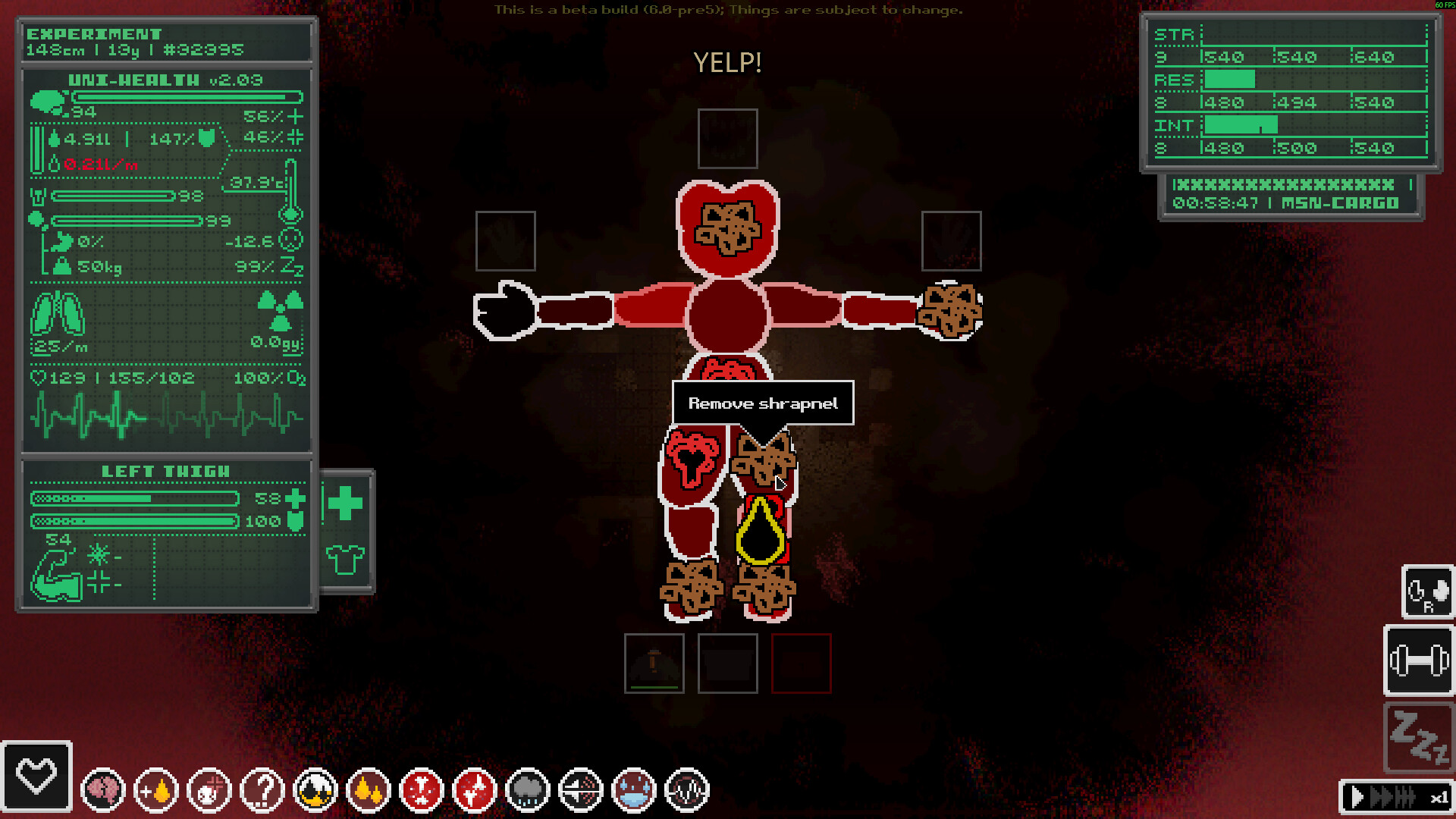 Retro pixel-art HUD: a central red figure with outstretched arms, items around, a 'Remove shrapnel' tooltip, and green status panels on left and right against a dark red background.