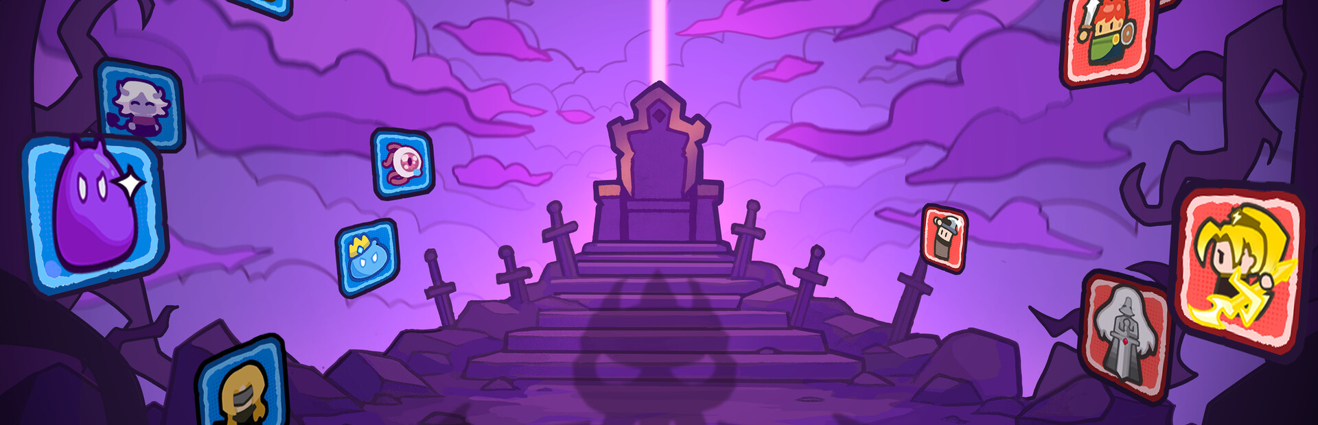 Purple fantasy battlefield with a raised throne atop a hill, a pink beam of light, and floating square avatars around jagged rocks.