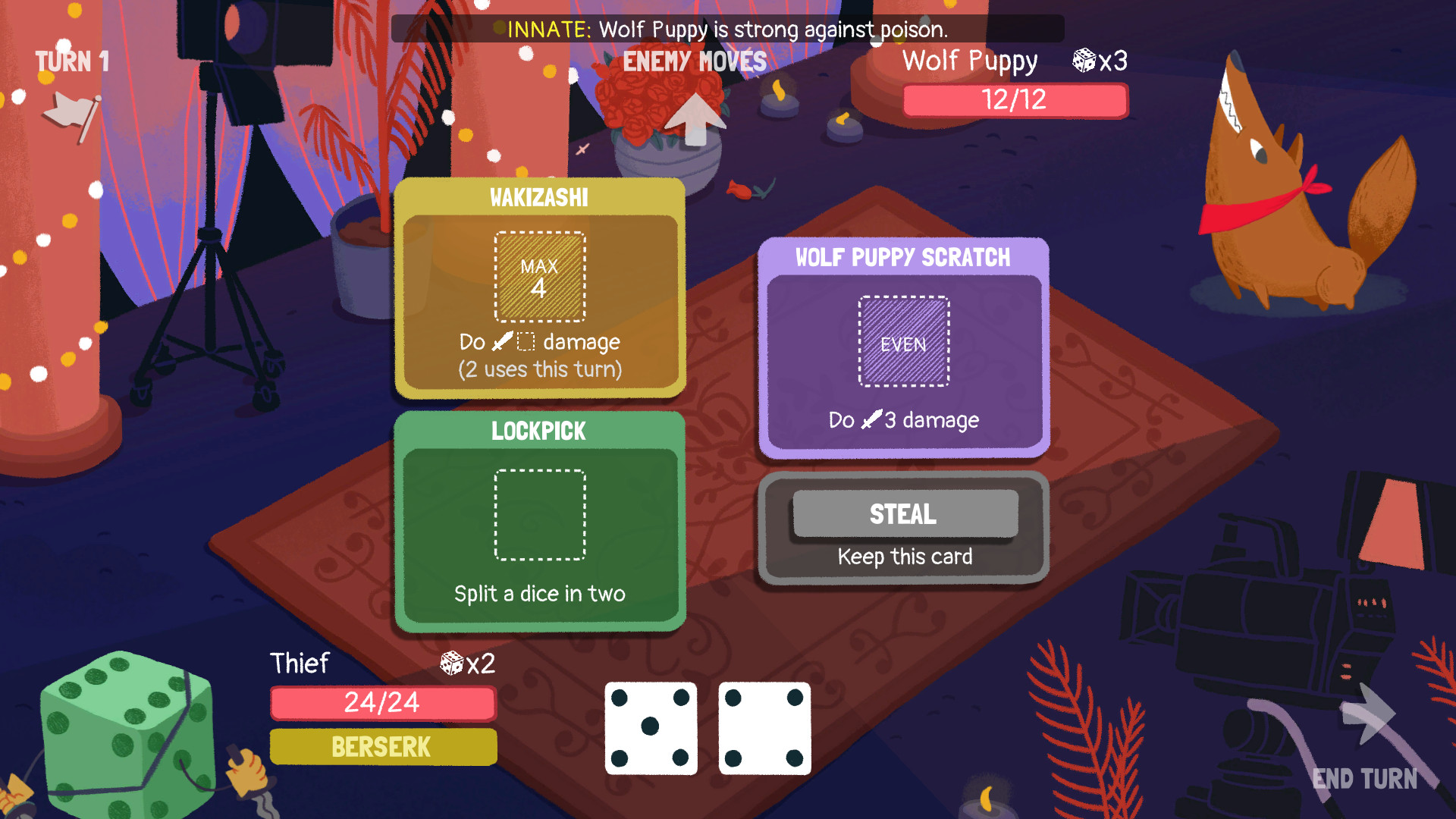 Dicey Dungeons gameplay with colorful equipment, dice and enemy artwork