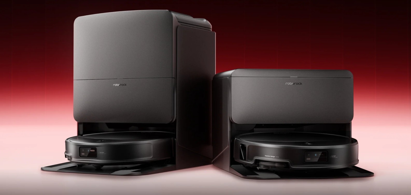 Two Roborock robotic vacuum cleaners with charging docks against a red gradient background.