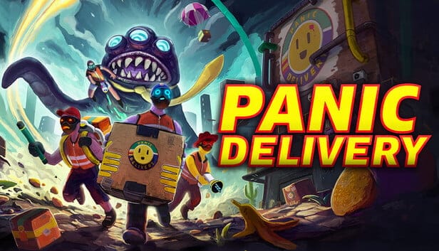 Colorful game cover: a delivery crew sprinting with a yellow box through a chaotic city as a giant monster looms, with the bold title PANIC DELIVERY on the right.