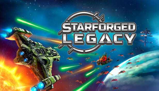 Starforged Legacy game cover: a green space fighter blasts blue lasers toward a blue planet in a sci‑fi battle with the bold game title across the top.