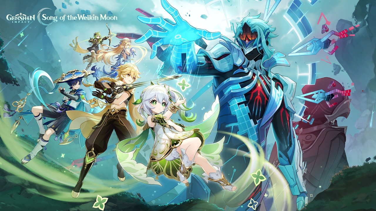 Genshin Impact banner: a team of colorful characters confronts a large blue armored foe amid swirling light in a lush landscape.