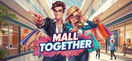 Two shoppers in a bright mall pose and point toward the camera, carrying colorful shopping bags, with a bold 'Mall Together' banner in front.