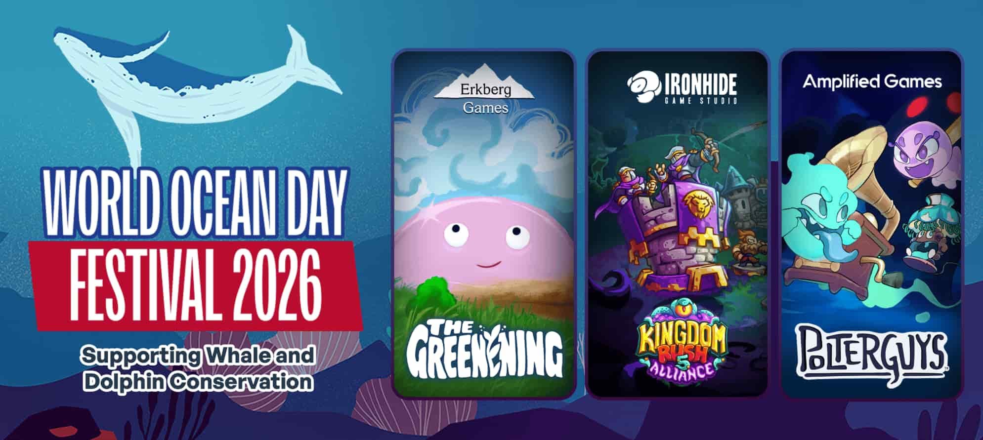 World Ocean Day Festival 2026 banner promoting whale and dolphin conservation, with a whale illustration and game cards.