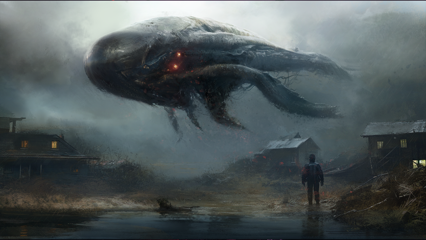 A massive dark monster descends over a ruined village as a lone figure in a protective suit stands in the foreground amid smoke and rain.