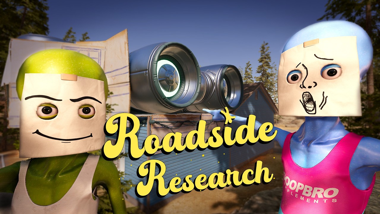 Video thumbnail: two cartoon figures with paper masks beside a large telescope, forest backdrop, and the title Roadside Research overlaid.