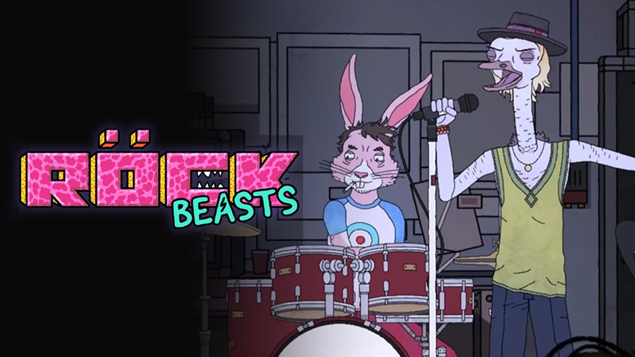 Logo 'ROCK BEASTS' in pink leopard print; a rabbit drummer and a tall ostrich singer perform in a dim backstage rehearsal space.