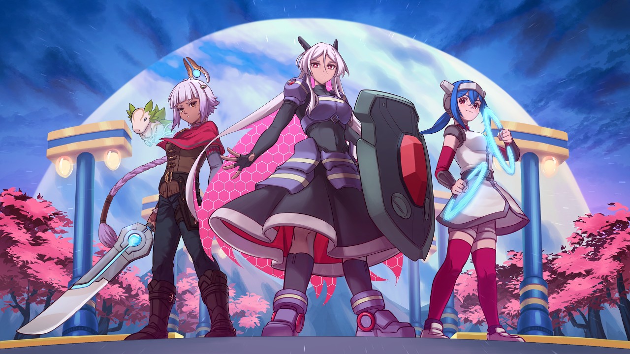 Four anime-style heroes stand on a platform: a central female warrior with a shield, flanked by a sword-wielding companion, a staff-wielder, and a right-side magic user with glowing rings, against a domed sci-fi backdrop.