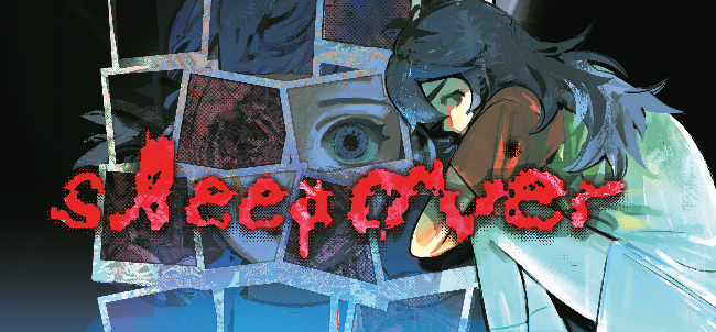 Cover art for the game 'Sweeper' featuring a blue-haired girl leaning on a wall of photos with a red grunge title.
