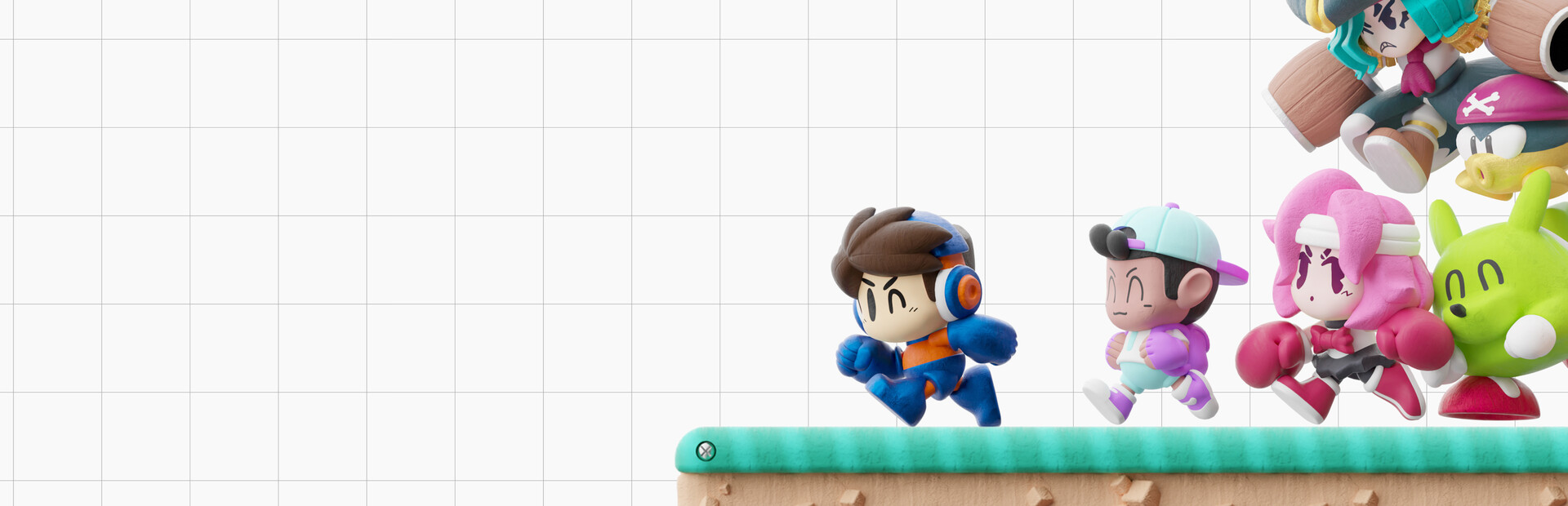 Group of colorful clay-style action figures running to the right along a teal-edged platform.