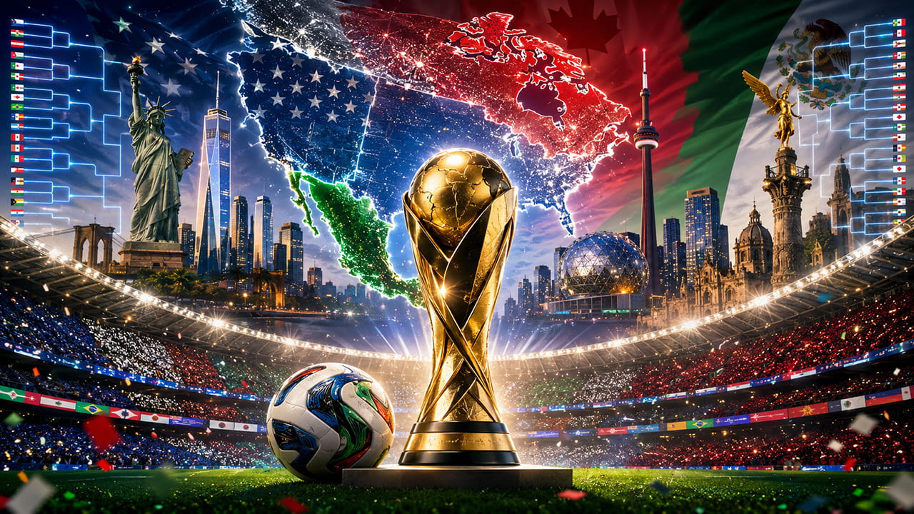 Gold FIFA World Cup trophy on a soccer pitch with a ball, confetti, and a global cityscape backdrop beneath bright stadium lights.