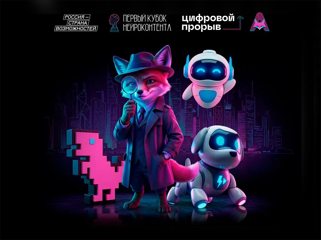 Animated fox detective with a magnifying glass and two robots against a neon city backdrop; event logos appear at the top.