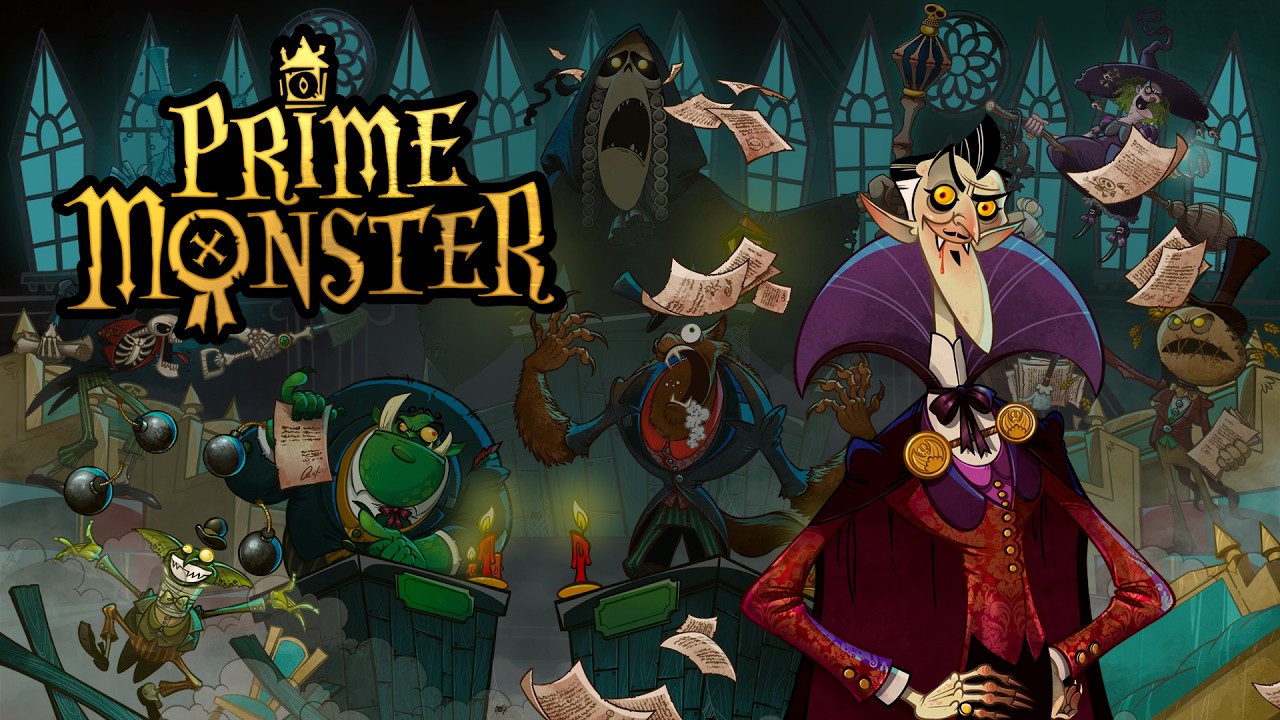 Promo banner for a fantasy game called Prime Monster, with a tall vampire in a red cloak surrounded by quirky monsters in a gothic, paper-scattered scene.
