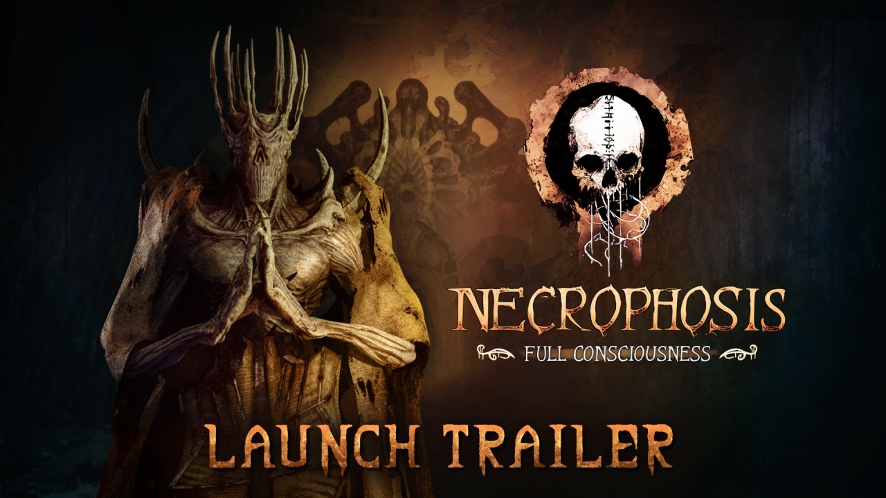 Promotional banner for a dark fantasy game: a skeletal warrior in armor prays on the left, a circular skull emblem on the right, with the title 'NECROPHOSIS' and 'LAUNCH TRAILER' at the bottom.