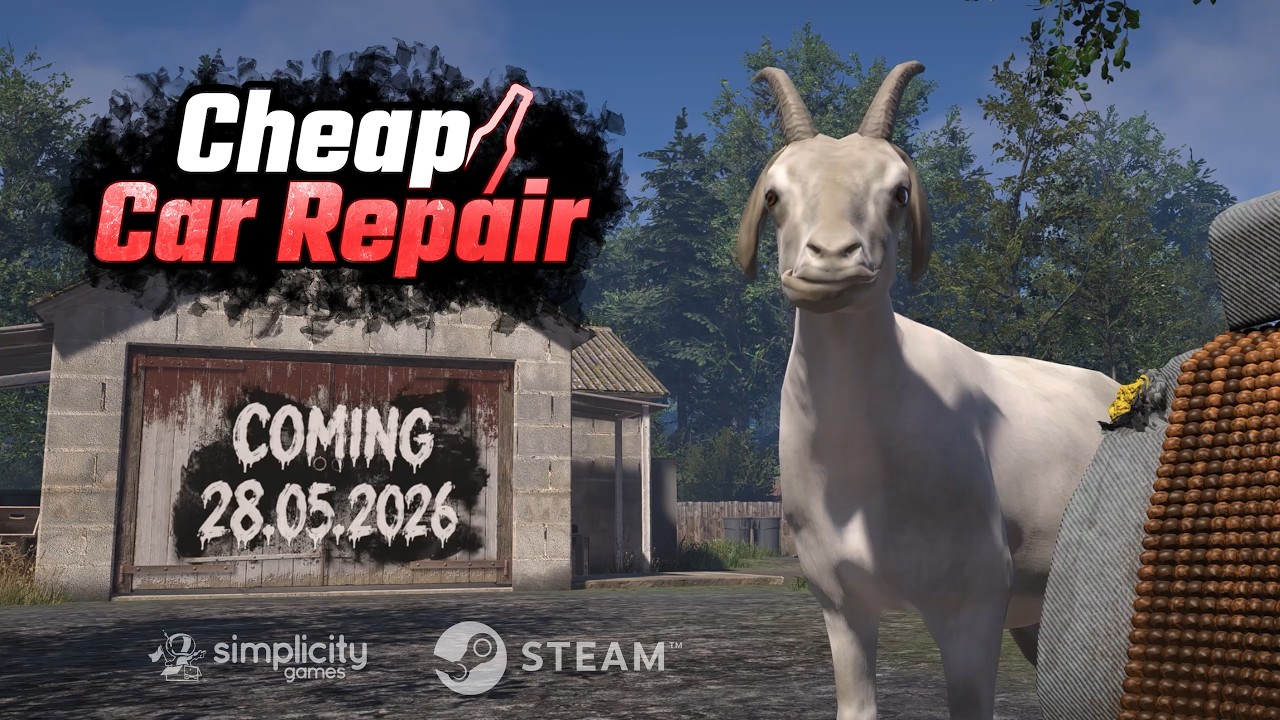 Game thumbnail: white goat in a yard in front of a weathered building; bold 'Cheap Car Repair' text and 'COMING 28.05.2026' sign, Steam logo nearby.