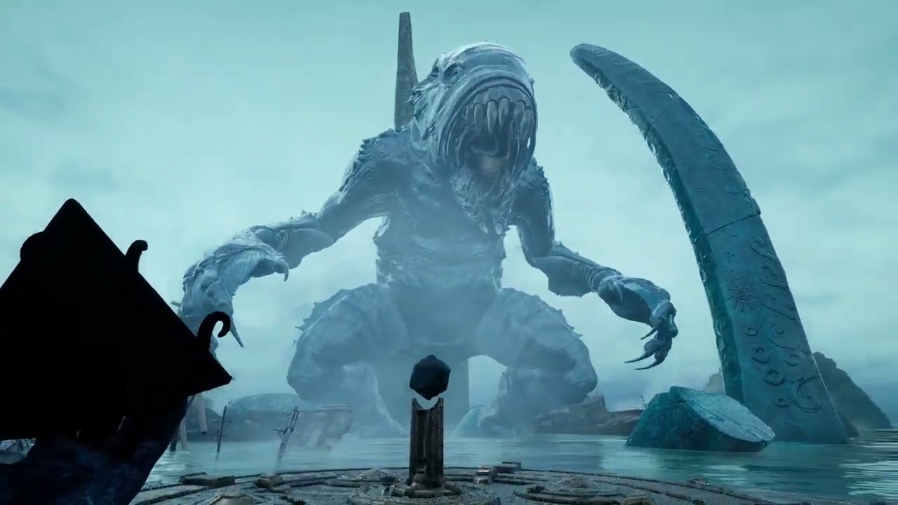 A gigantic ice monster towers from the icy sea, its jagged teeth bared as it looms over a ruined circular platform.