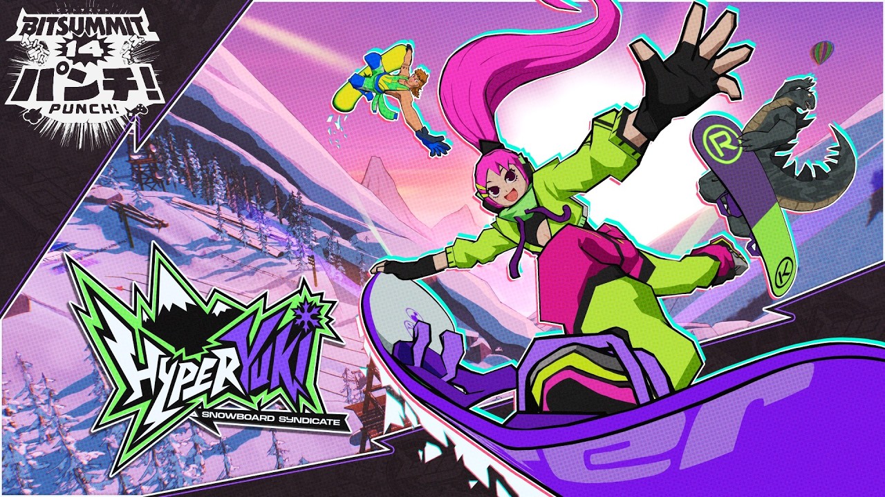 Vibrant snowboard action scene with a neon green-suit rider jumping off a purple ramp, pink-haired character in the background, and a bold 'Snowboard Syndicate' logo nearby.