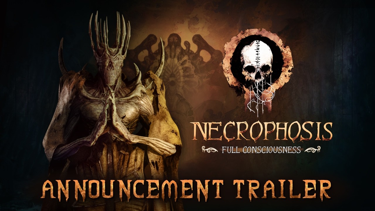Poster for Necrophosis: Full Consciousness—armored skeletal figure with hands in prayer and a skull logo beside the title 'Announcement Trailer'.