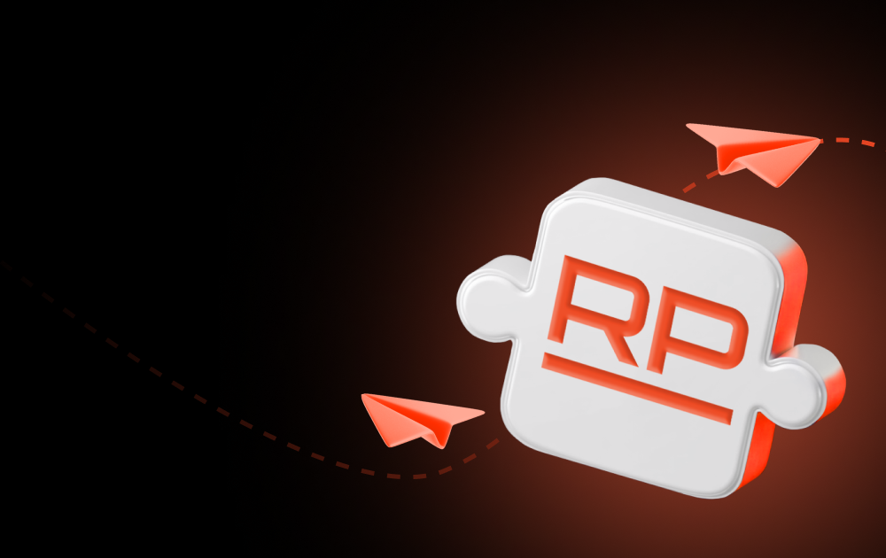 3D white puzzle piece with a red RP logo, accented by orange paper airplanes against a dark red-to-black gradient background.