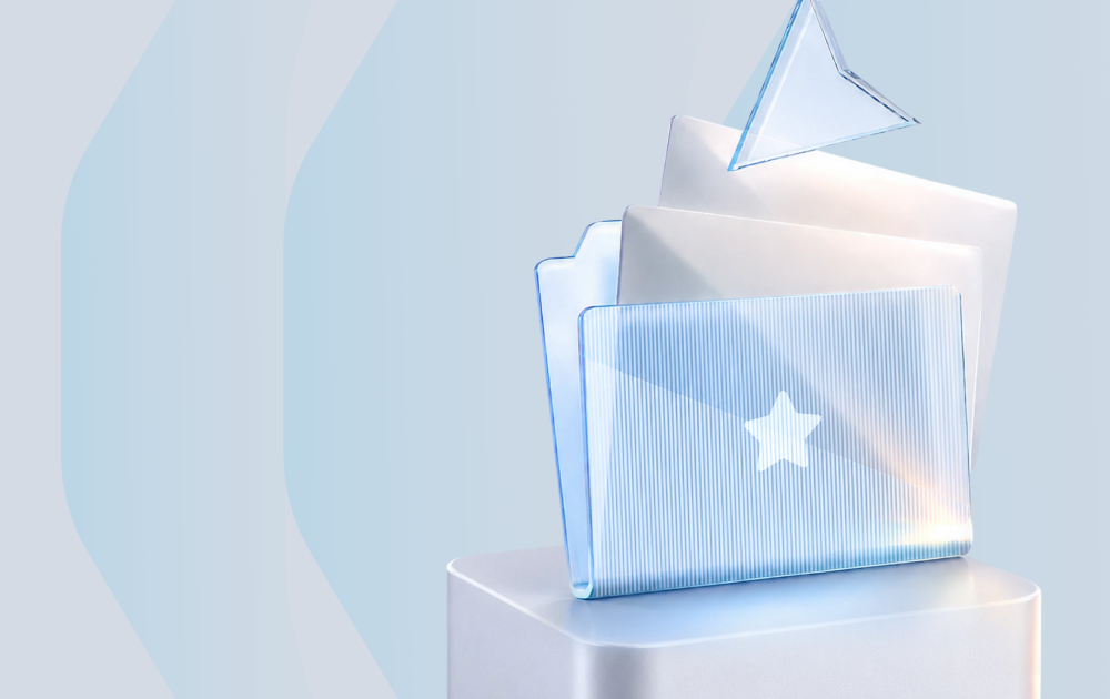 Blue translucent folders stacked on a glossy pedestal, front with a white star, set against a light blue abstract background.