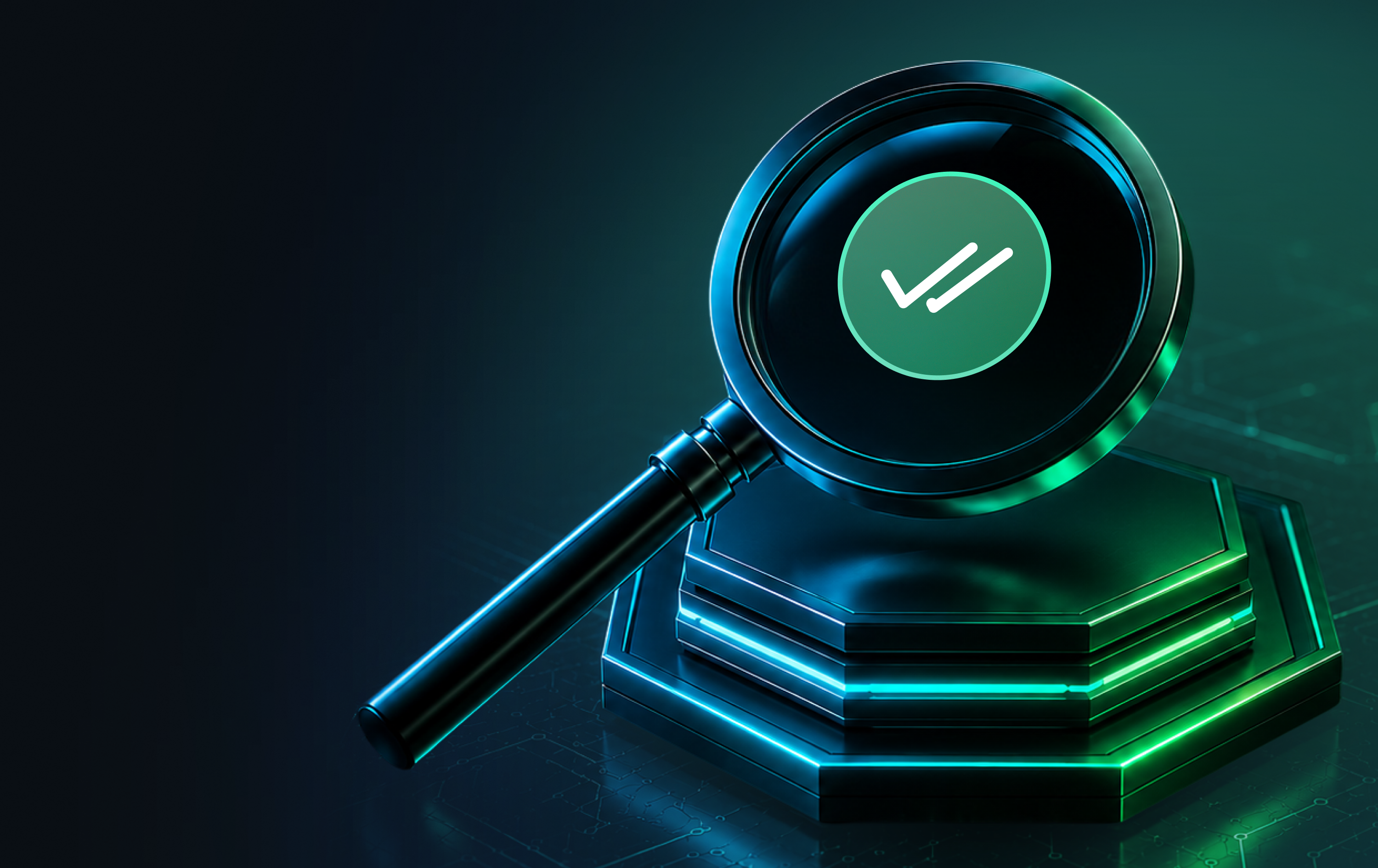 Futuristic magnifying glass with a white checkmark in a green circle, symbolizing verified search.
