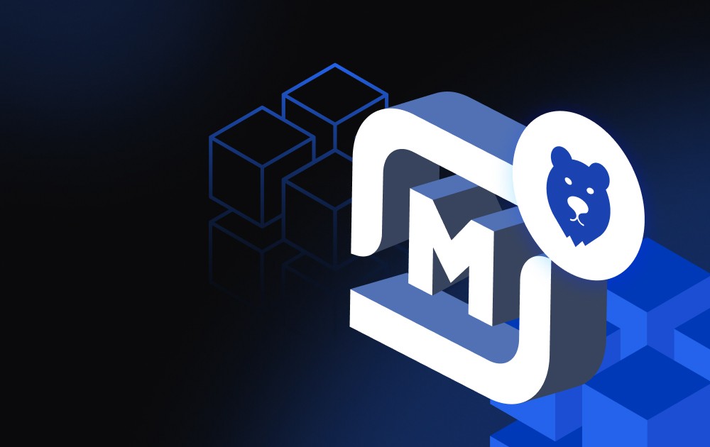Abstract 3D illustration with blue cubes and a white rounded-square frame featuring an 'M' and a circular bear badge on a dark gradient background, conveying a tech logo.
