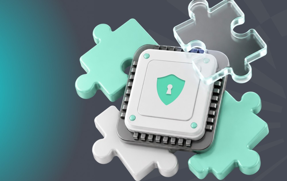 3D illustration of a microchip with a teal shield and lock, surrounded by pastel puzzle pieces, symbolizing cybersecurity.
