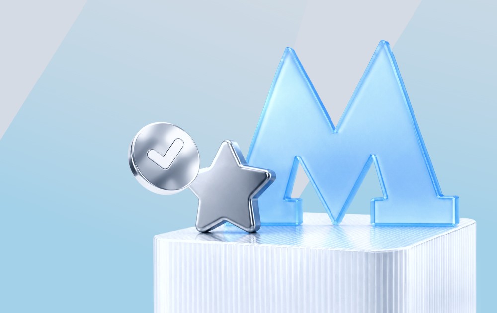 Blue glassy letter M with a silver star and a circular checkmark badge on a white pedestal, signaling approval/rating.