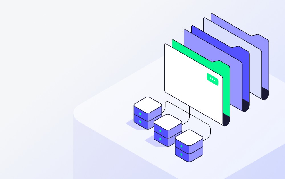 Isometric diagram of a monitor with color-coded folders and small server blocks, representing a data storage system.