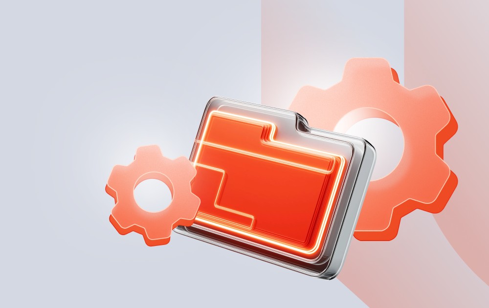 3D red folder icon with a neon outline, flanked by orange gears, symbolizing file settings or configuration.