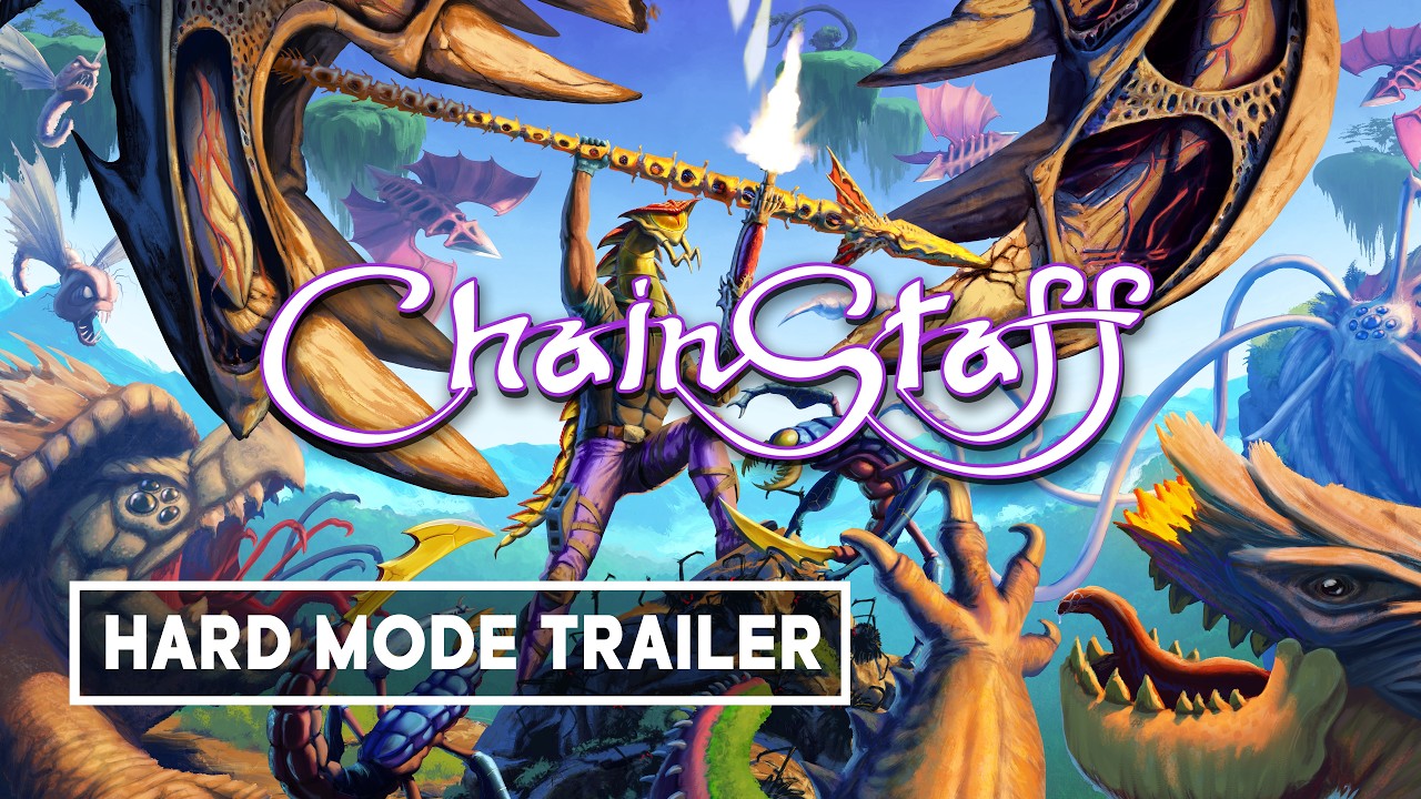 Fantasy game cover art showing a chaotic battle with dragon-like creatures and a hero, featuring a purple stylized logo and a white-bordered 'HARD MODE TRAILER' banner.