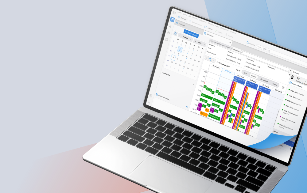 Laptop displaying a colorful data dashboard with charts and schedules on the screen