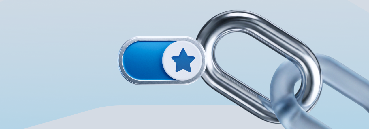 Blue rounded toggle with a white knob and blue star, attached to a metal chain.