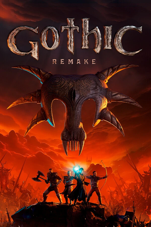 Gothic Remake game cover: a massive horned skull above four adventurers on a burning battlefield.