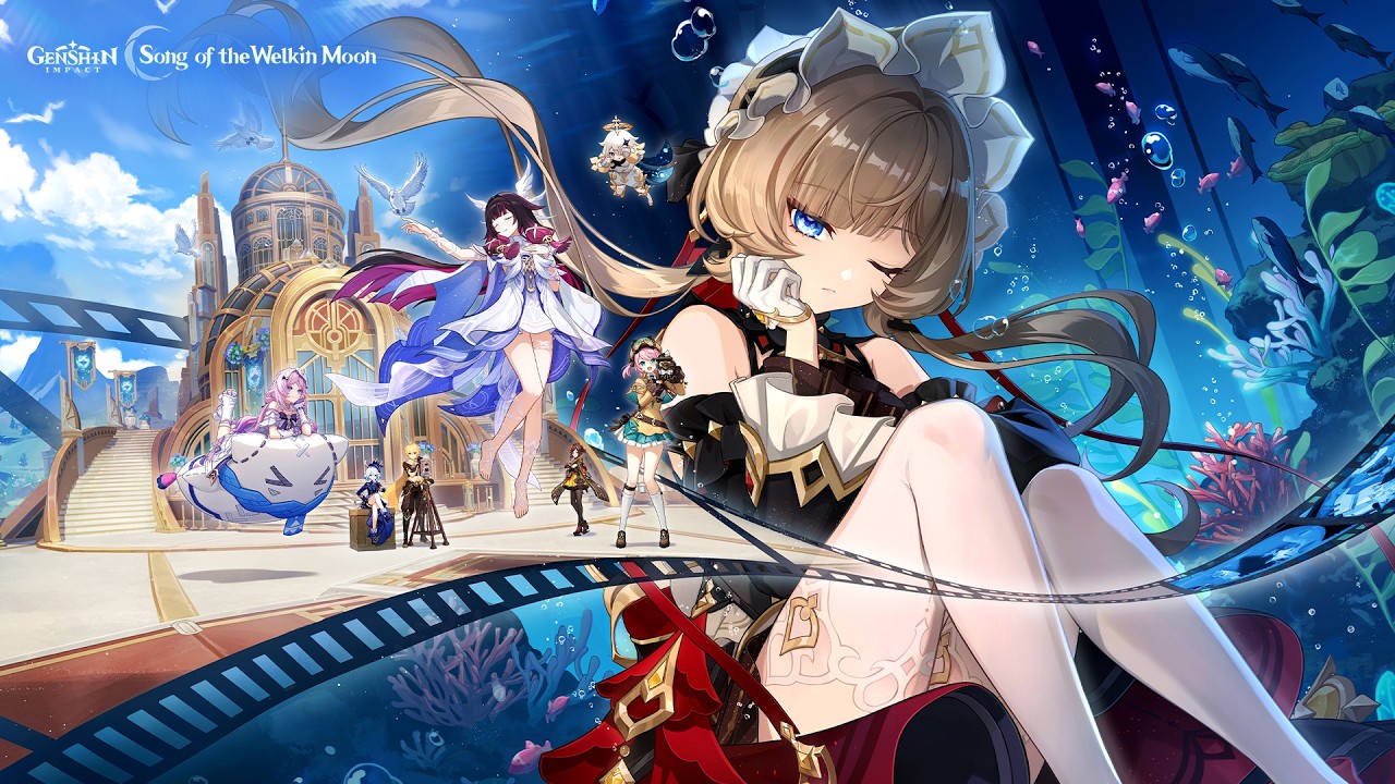 Genshin Impact promo art for Song of the Welkin Moon: central girl sits pensively in the foreground with a blue ocean backdrop and other characters in the background.