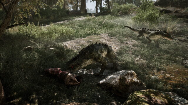 Two large crocodile-like dinosaurs in a forest clearing, one wounded with blood on the ground nearby.
