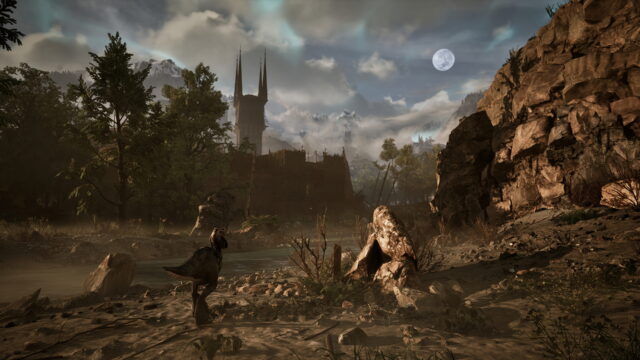 Moonlit valley with a twin-spired castle emerging from mist, rocky cliffs on the right, and a pterosaur standing at the riverbank in the foreground.