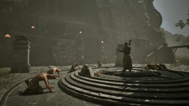 Ritual scene in a ruined temple: a bald man in robes raises his arm on a circular stone platform while kneeling captives surround the steps, torches burning in the misty ruin.