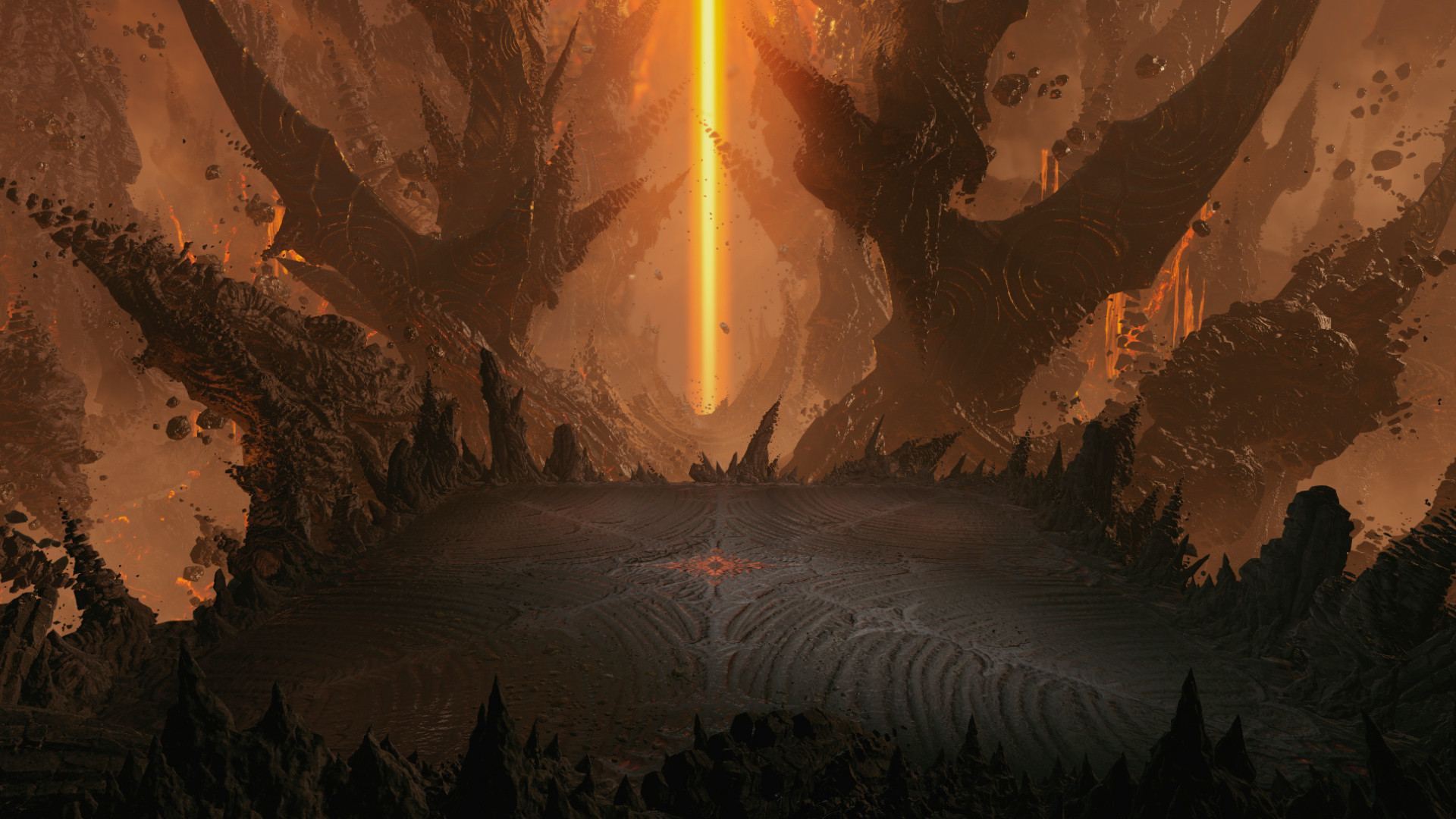 Wide view of a fiery cavern with jagged black rock and glowing orange lava, centered by a bright vertical beam of light.