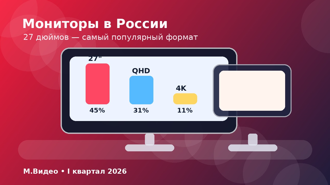 Инфографика: Мониторы в России — 27-дюймовый формат лидирует (45%), далее QHD (31%) и 4K (11%).