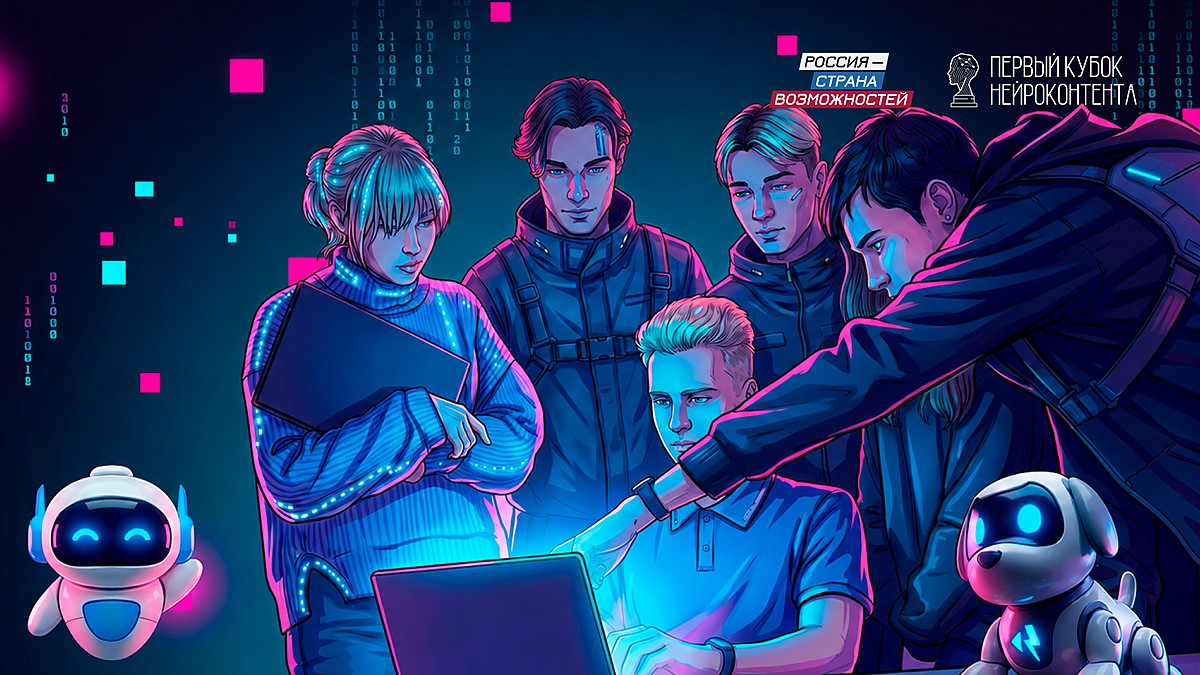 Group of young people in futuristic outfits huddled around a glowing laptop as one points at the screen; two small robots observe.
