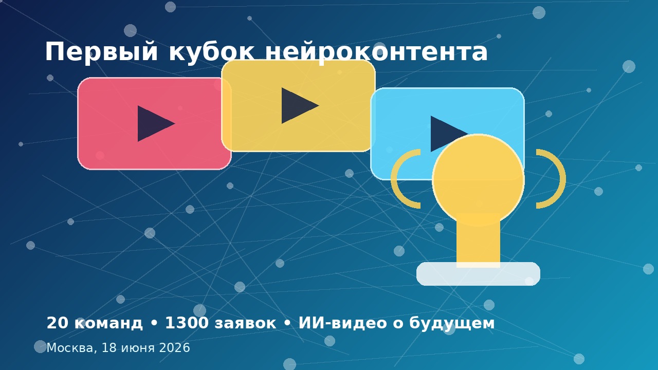 Баннер мероприятия: заголовок 'Первый кубок нейроконтента', три цветных плитки с кнопками Play и жёлтый робот-символ на фоне сетевой графики, синяя палитра.