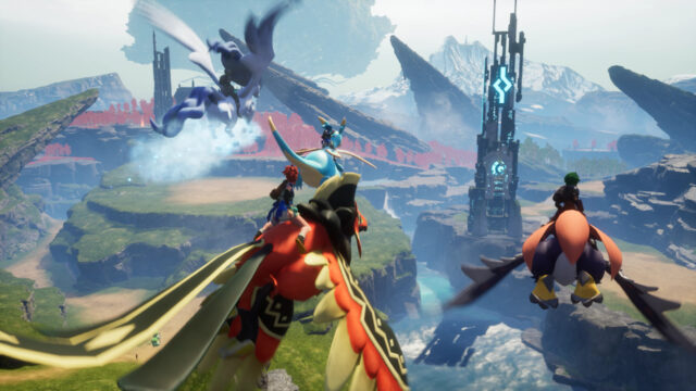 Players flying on Pals above the floating islands of Sunreach