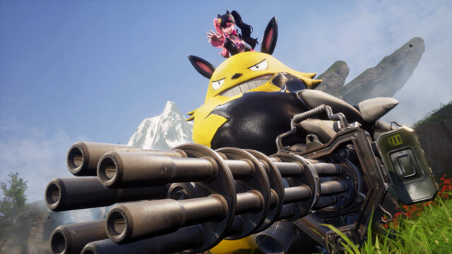 Grizzbolt carrying a minigun in Palworld