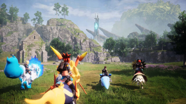 A party of players and Pals exploring ruins in Palpagos