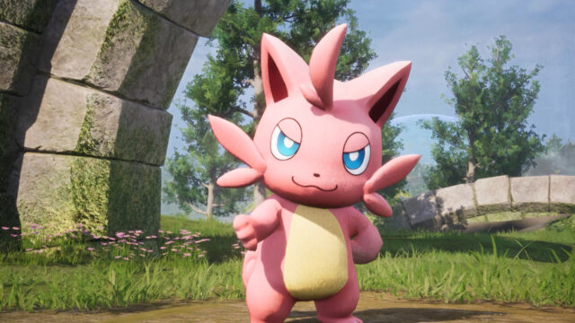 A pink Pal standing among ancient stone ruins